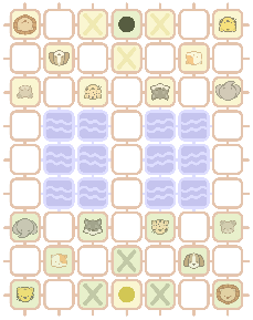 The board of
					the game: 9 rows and 5 columns. A den
					in the center of the top and bottom
					rows, with Xs around it.