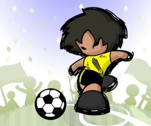 Soccer player about to hit the ball with enthusiasts as background.